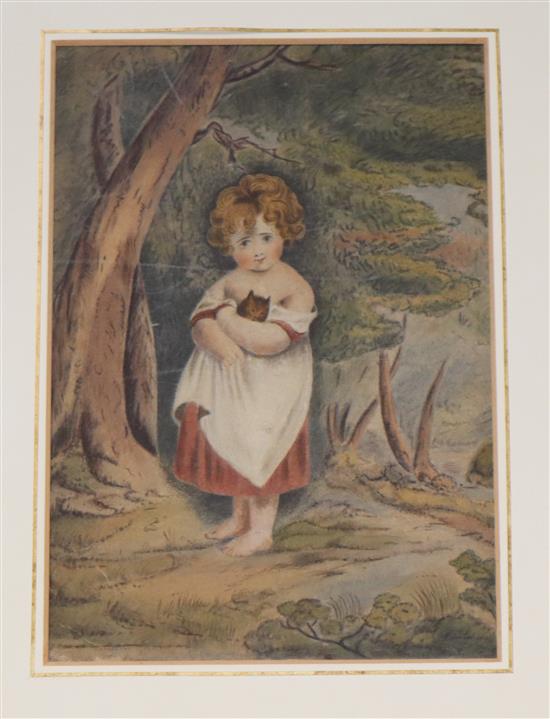 Early 19th century English School, watercolour, Child in woodland, 26 x 18cm, unframed
